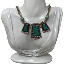 Faux Turquoise Necklace Three Station Statement‎ Hammered Silver Tone